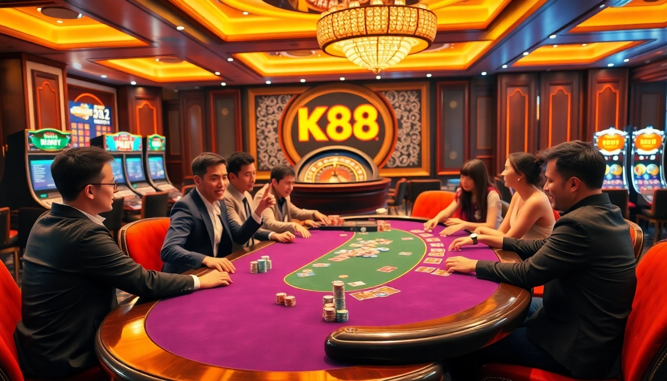 K88 casino scene with lively poker players at a vibrant table, showcasing the excitement of gambling.