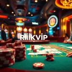 Enjoying a thrilling game at Rikvip casino, featuring casino tables, chips, and immersive lighting.