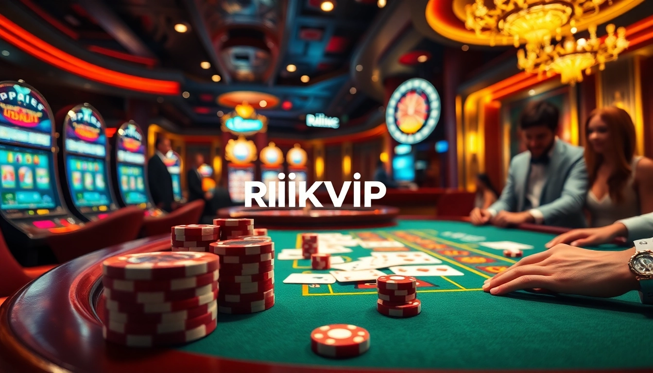 Enjoying a thrilling game at Rikvip casino, featuring casino tables, chips, and immersive lighting.