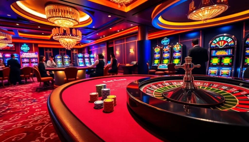 F8bet poker players enjoying excitement at a luxurious casino table with vibrant chips.