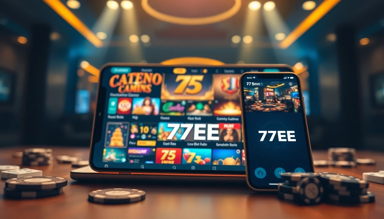 77EE online gambling platform showcasing diverse casino games on a smartphone.