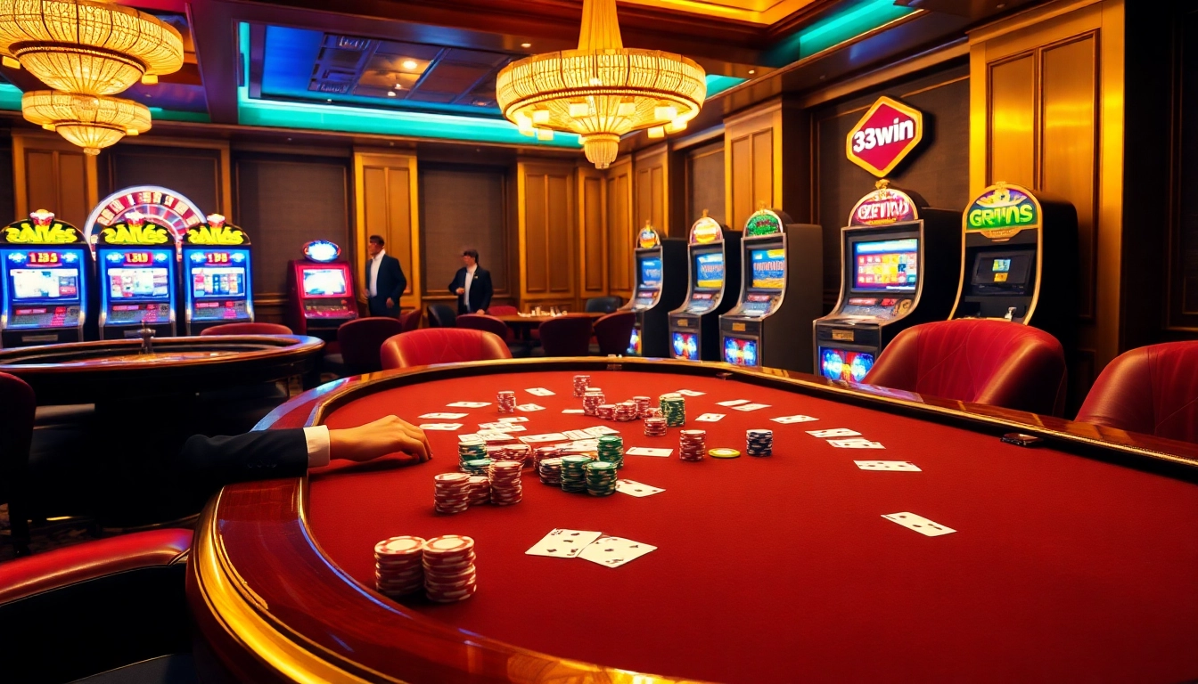 Engaging players betting at a vibrant 33win poker table with luxury casino elements.