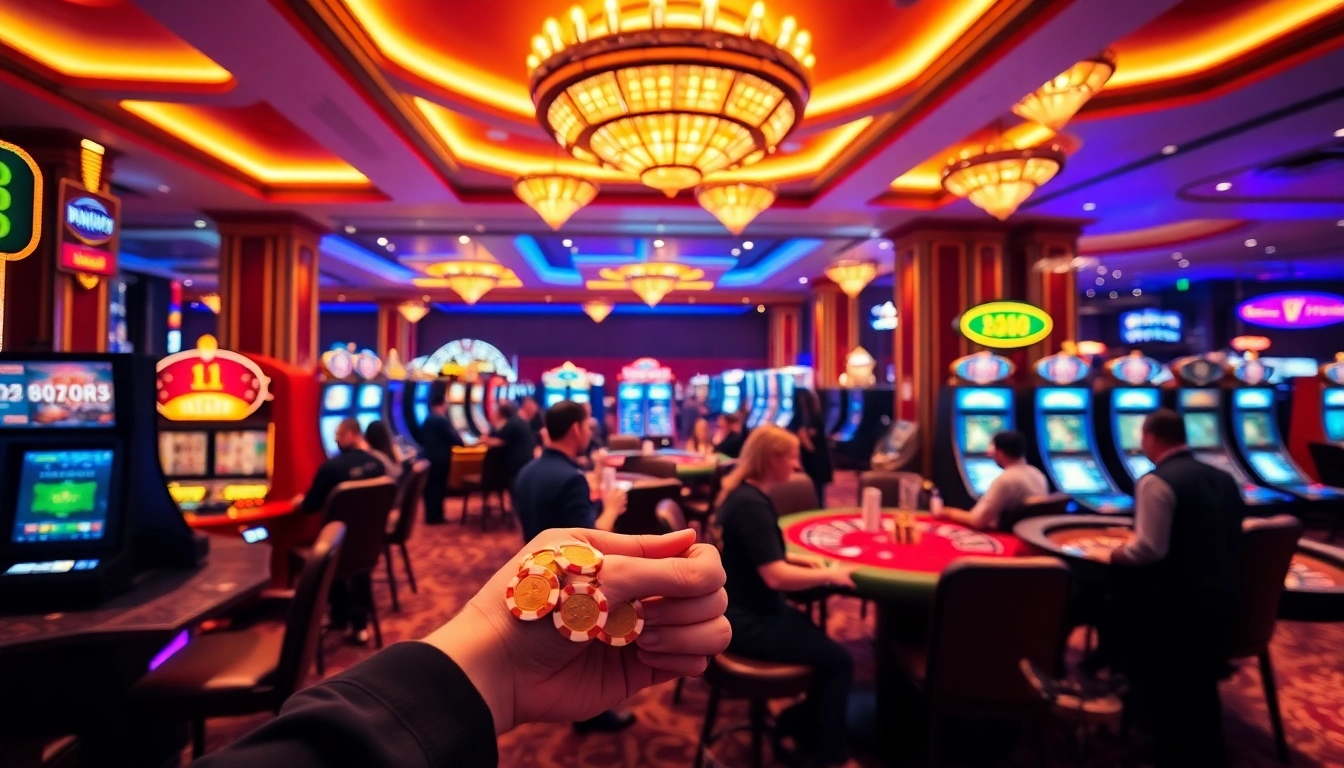 Experience the thrill of gambling at BRO138's luxurious casino, featuring vibrant slot machines and poker tables.
