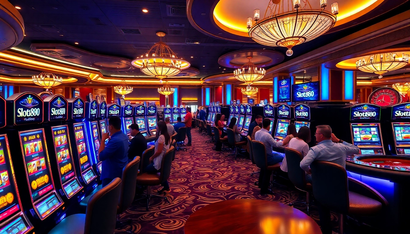 Players enjoying the vibrant slot888 machines in a luxurious casino environment.