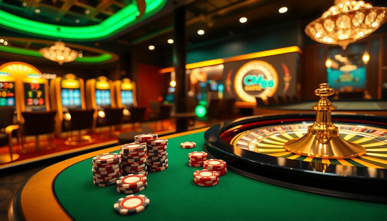 Engaging players at a luxurious casino table featuring CM88 themed elements and vibrant games.