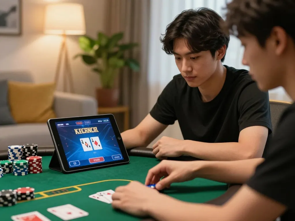 Engaged user enjoying rikvip poker game on tablet in cozy living room atmosphere