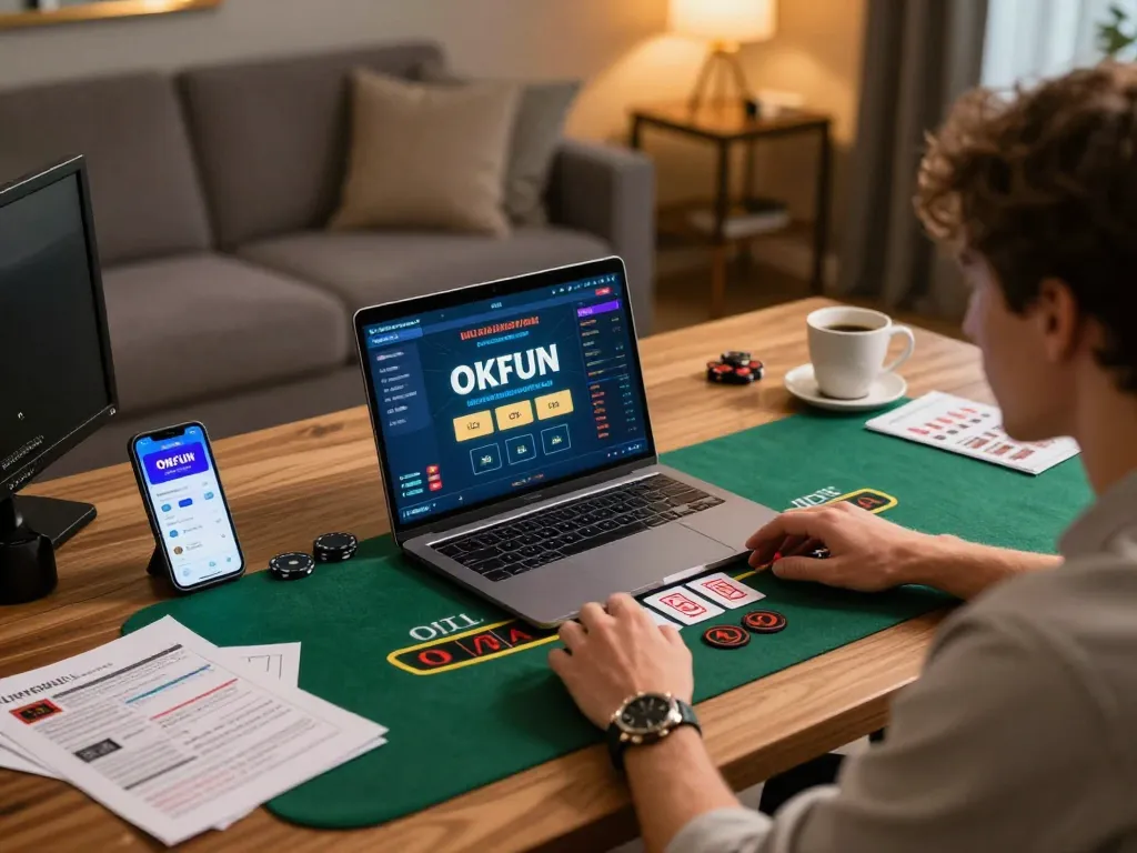 Engaging user playing live blackjack on OKFUN app in a cozy home office setting, showcasing strategic gameplay.