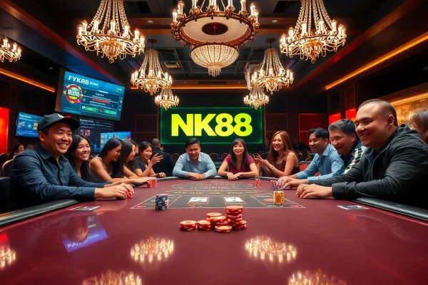 Experience the excitement of NK88 at a vibrant casino table filled with eager players and colorful chips.
