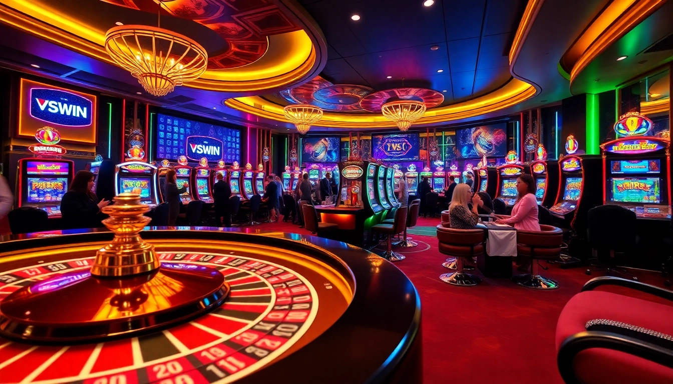 Players enjoying a thrilling casino experience at VSWIN with poker chips and slot machines.