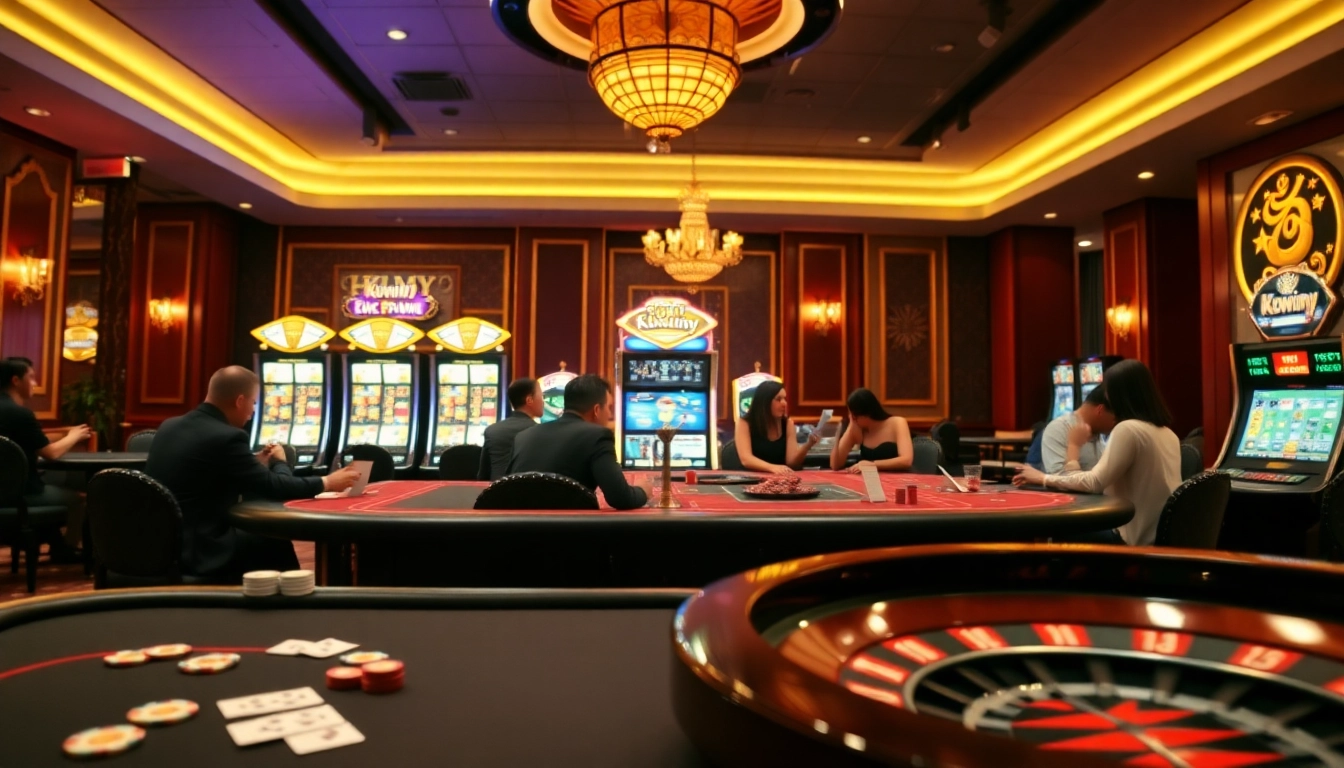 Kkwin casino scene displaying vibrant gaming tables and exciting slot machines in luxurious ambiance.