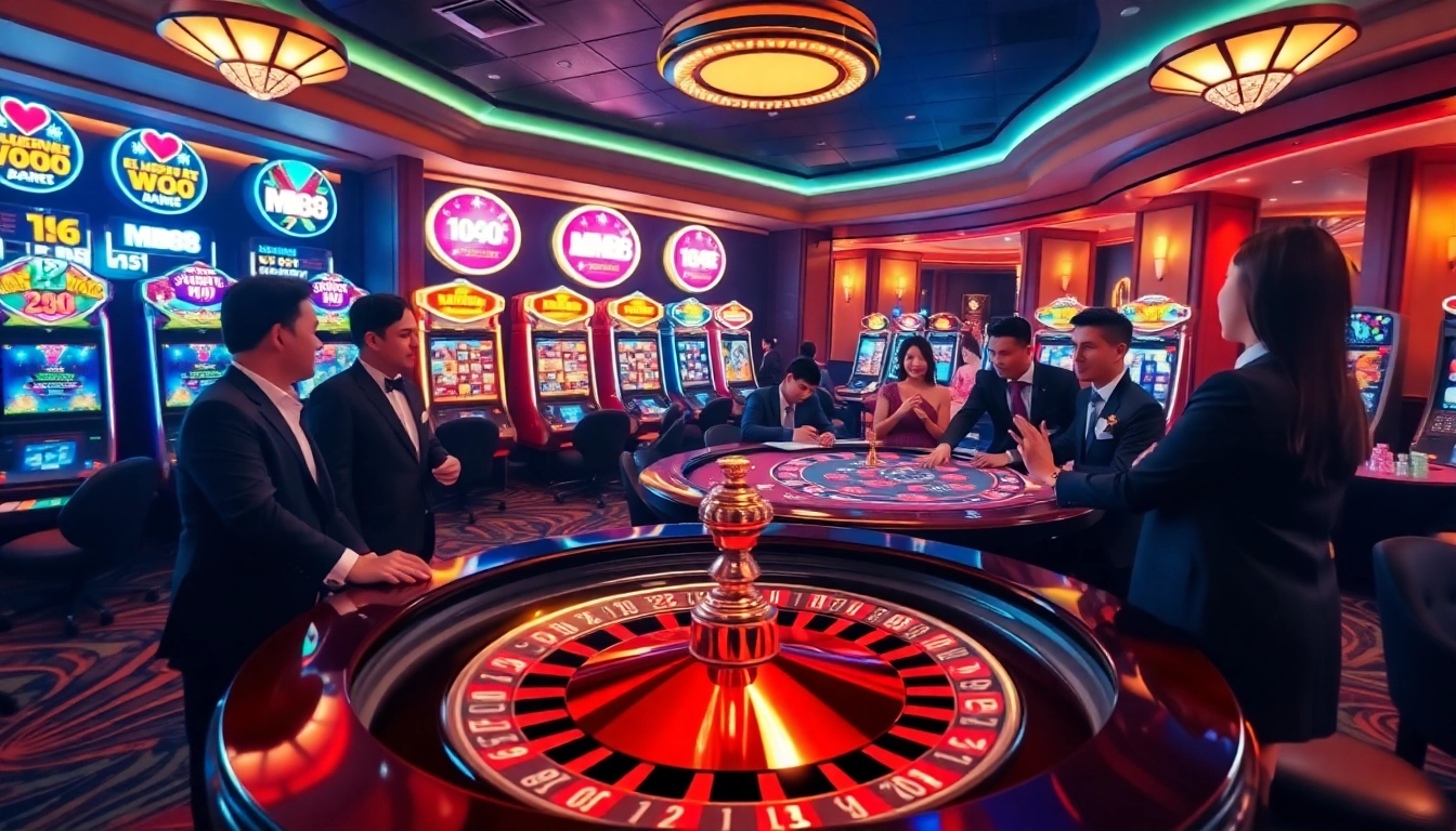 Players enjoying a winning moment at MM88's luxurious online casino with roulette and poker tables.