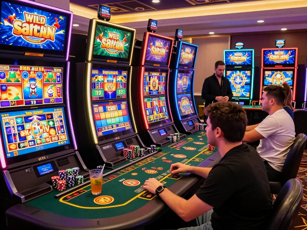 Players enjoying an exciting sultancasino experience with vibrant slot games and live dealers, showcasing a lively casino atmosphere.