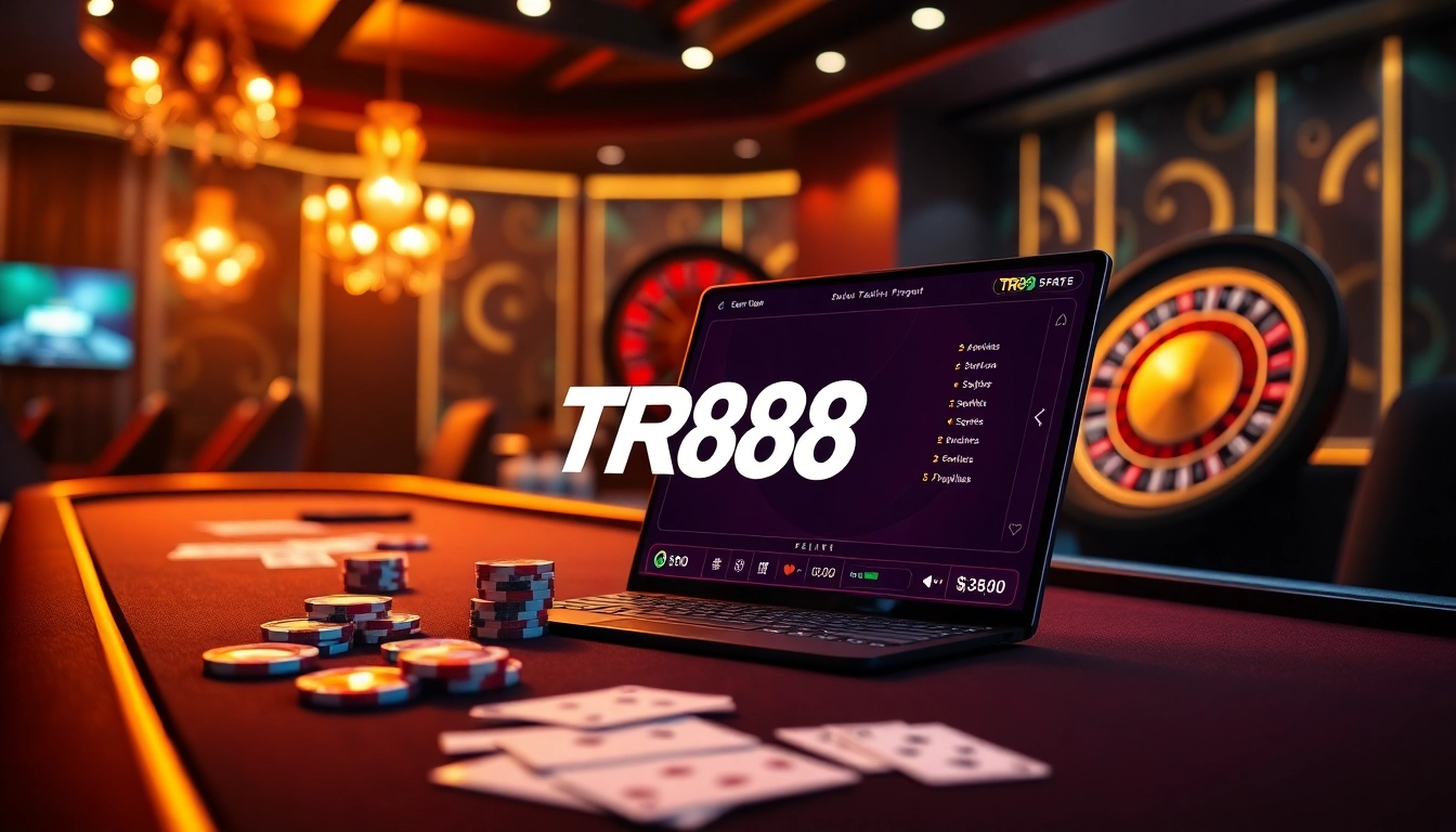Experience the excitement of TR88 at a high-stakes online casino table with cards and chips.