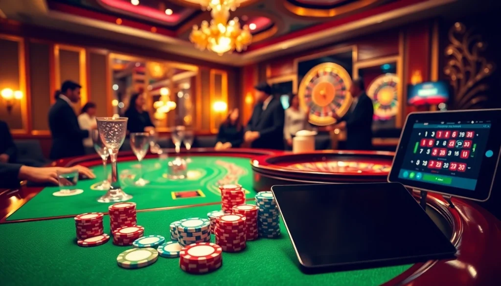 Players enjoying a poker game at an elegant casino table featuring vibrant décor, showcasing x88 com interactions.