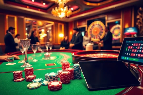 Players enjoying a poker game at an elegant casino table featuring vibrant décor, showcasing x88 com interactions.