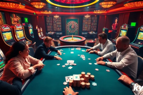 kkwin players enjoying a high-stakes poker game surrounded by casino excitement.