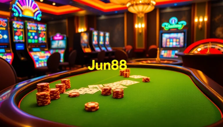 Experience high-stakes poker at Jun88 with vibrant chips and an exciting casino ambiance.