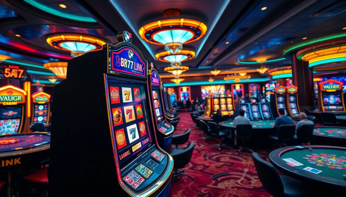 Play exciting games at BMW777 Link with a vibrant slot machine surrounded by casino activity.