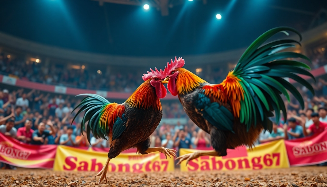 Exciting live cockfighting scene on Sabong 67 platform, showcasing vibrant colors and dynamic action.