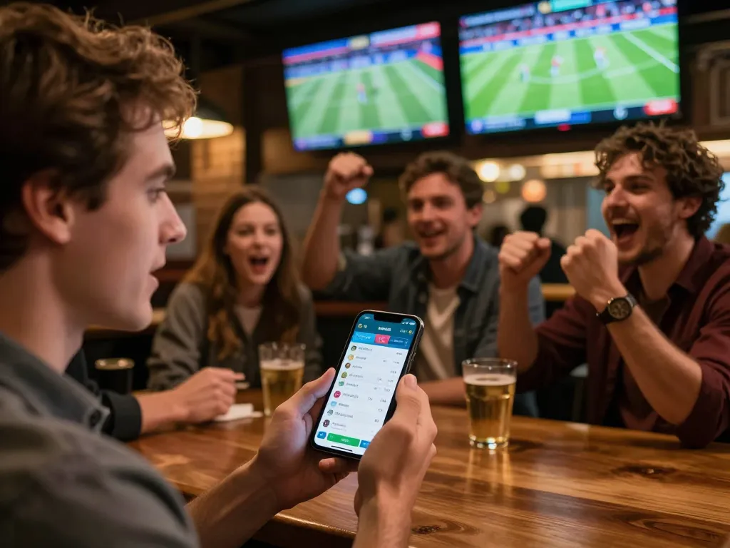 Penggemar taruhan olahraga SPBO memeriksa skor langsung dan odds dalam suasana bar yang menarik.