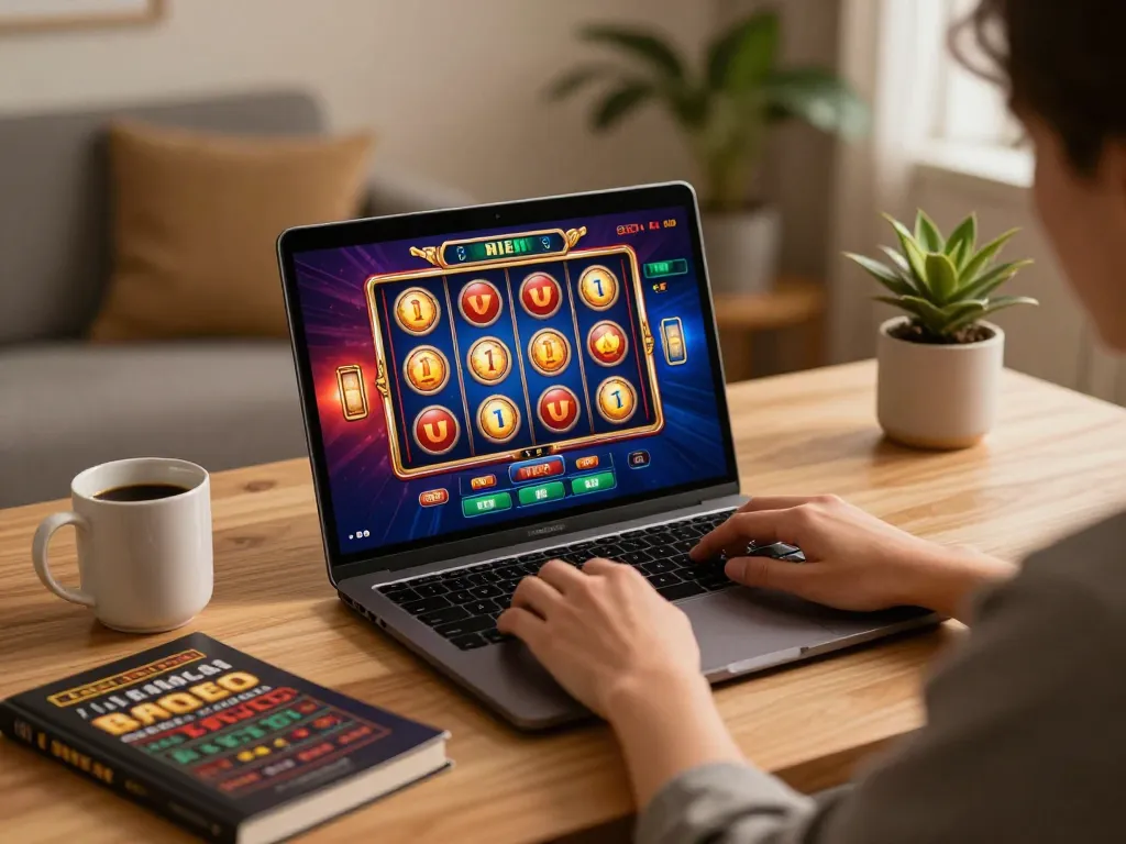 Enjoying 100cuci casino online, a player spins the slot machine reels on their laptop in a cozy setting.