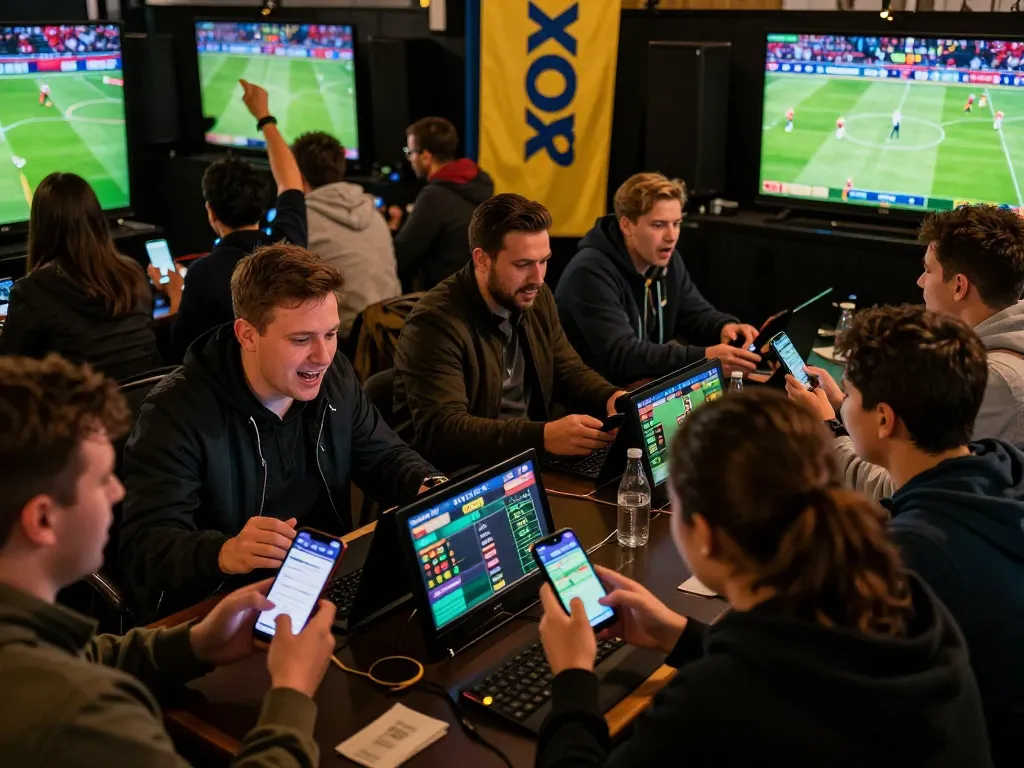 Excited bettors engage with their mobile devices at a dynamic xo88 sports betting event, cheering for their favorites.