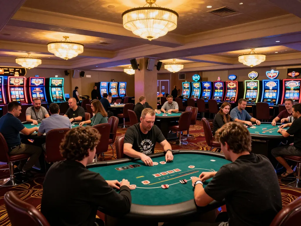 Players enjoying a thrilling game of poker at KJC casino, illuminated by warm lighting.