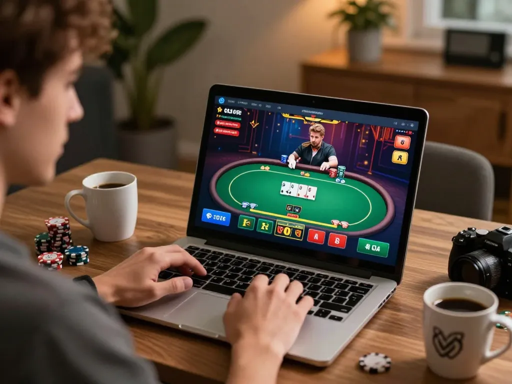 Player engaged in online gambling at LV88, focused on poker game interface with betting options visible.