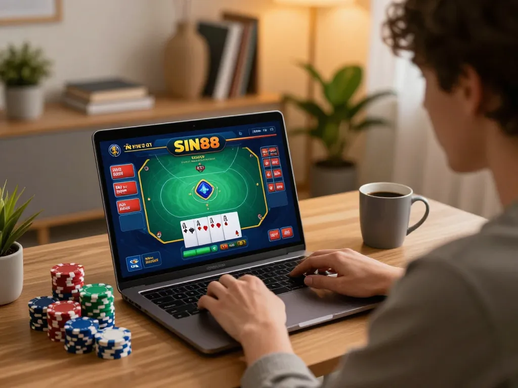 SIN88 poker game displayed on laptop during an engaging home gaming session