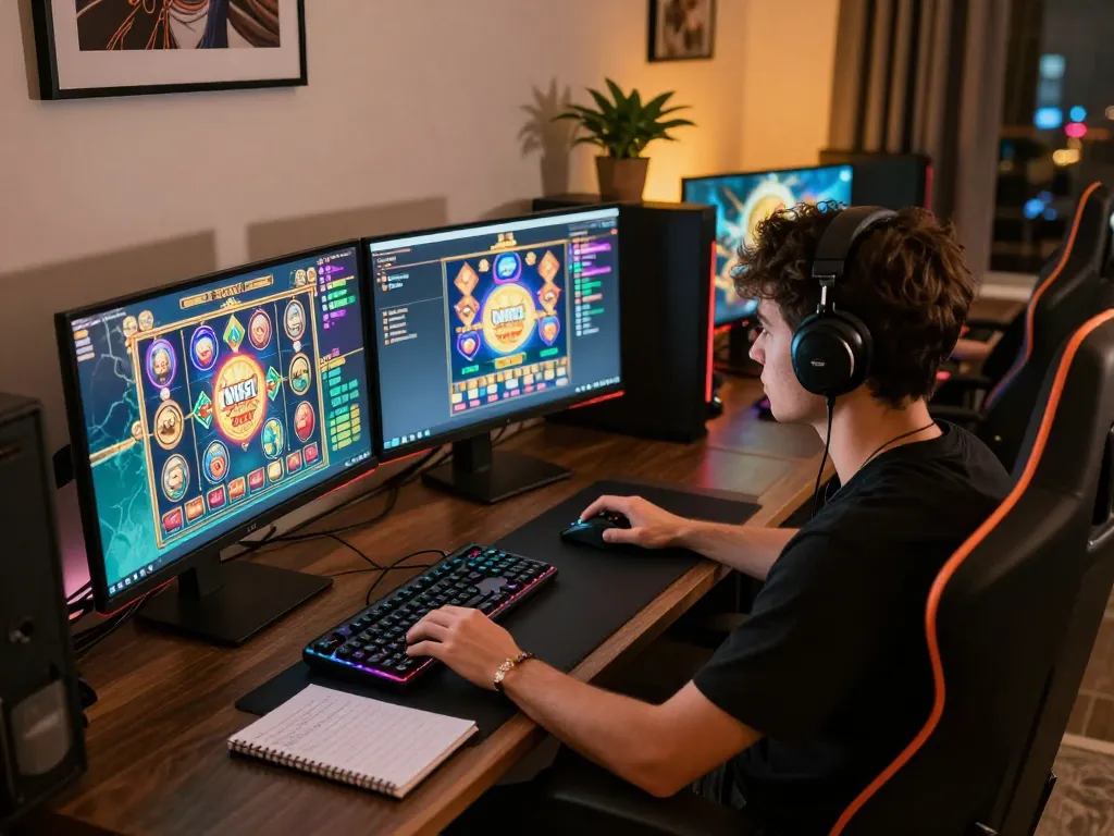 Engaged gamer playing Slot Online at a stylish home setup with vibrant graphics and modern accessories.