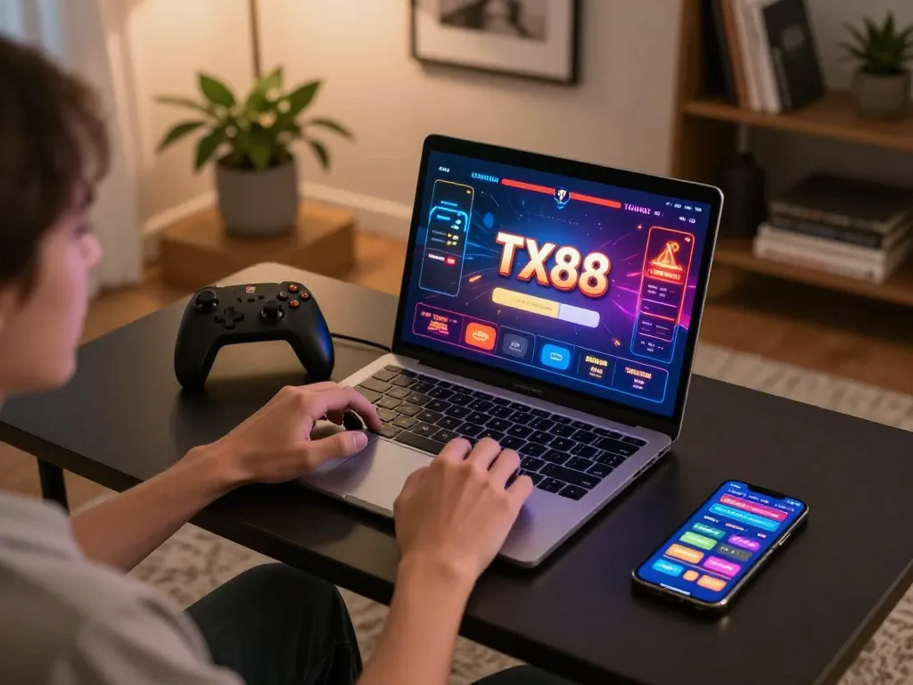 TX88 online casino setup with vibrant gaming interface and relaxed player engaging in responsible gambling.