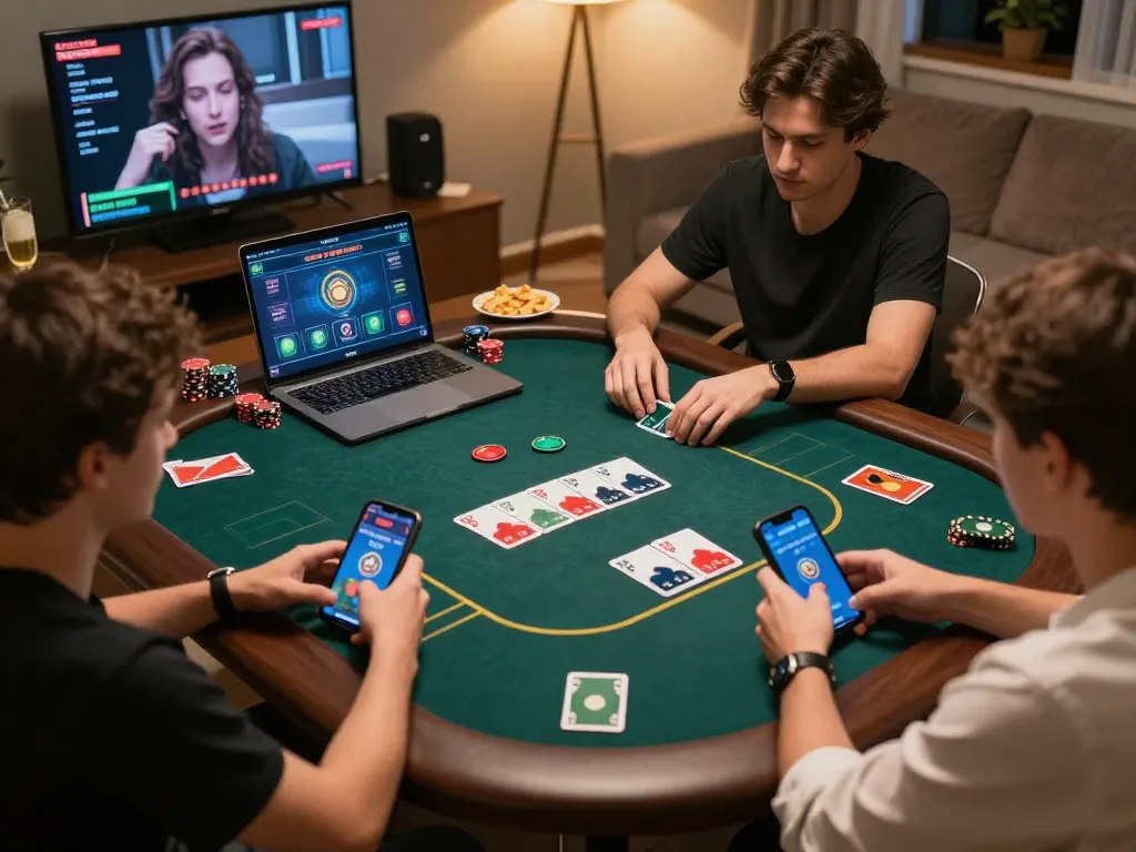 Players enjoying an online poker game via 789p, showcasing strategy and engagement in a cozy setting.