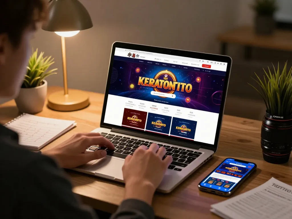 Keratontoto online gaming session with laptop showing betting interface in a cozy home setup.