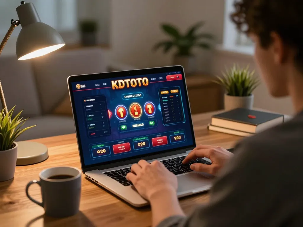 KDTOTO gaming session showing player engaging with online casino interface at home, promoting responsible gambling.