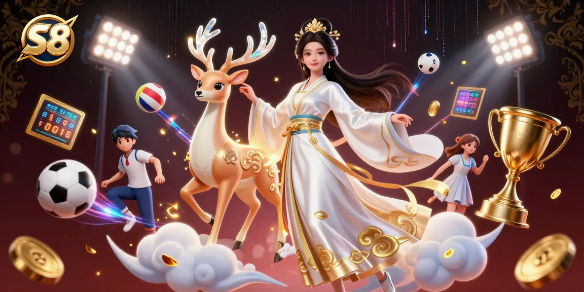 Experience the excitement of S8 Casino with a dynamic scene of a beautiful woman, celestial deer, and betting elements.