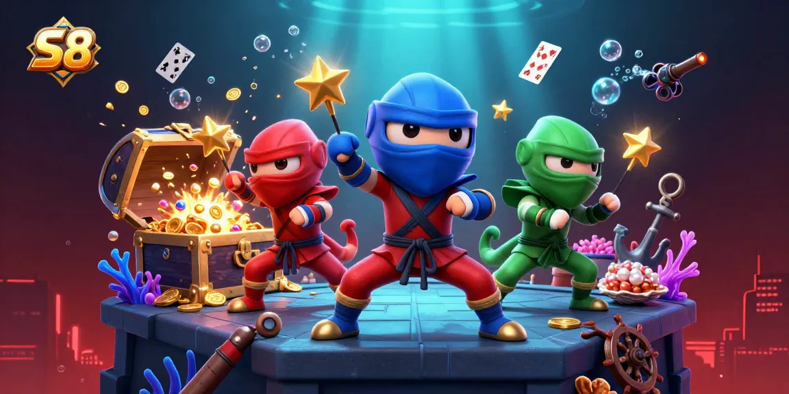 S8 showcases chameleon ninjas in colorful outfits amidst a vibrant casino backdrop.