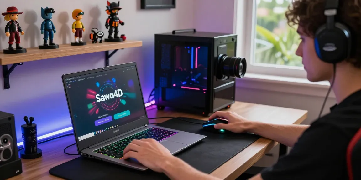 Player engaged with Sawo4D gaming platform on a laptop, surrounded by gaming accessories and ambient lights.