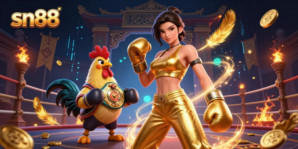 Spin to win at sn88 with a dynamic illustration of a fierce fighter and championship rooster.