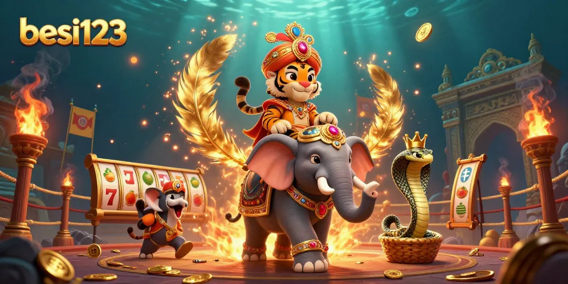 Experience the excitement of besi123 with a vibrant casino scene featuring a majestic tiger, golden elements, and slot machines.