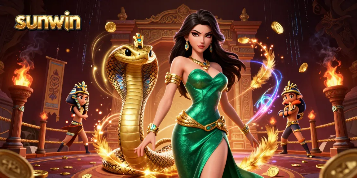 Join the thrilling world of sunwin where a glamorous woman and golden cobra encounter golden treasures in a dynamic casino setting.