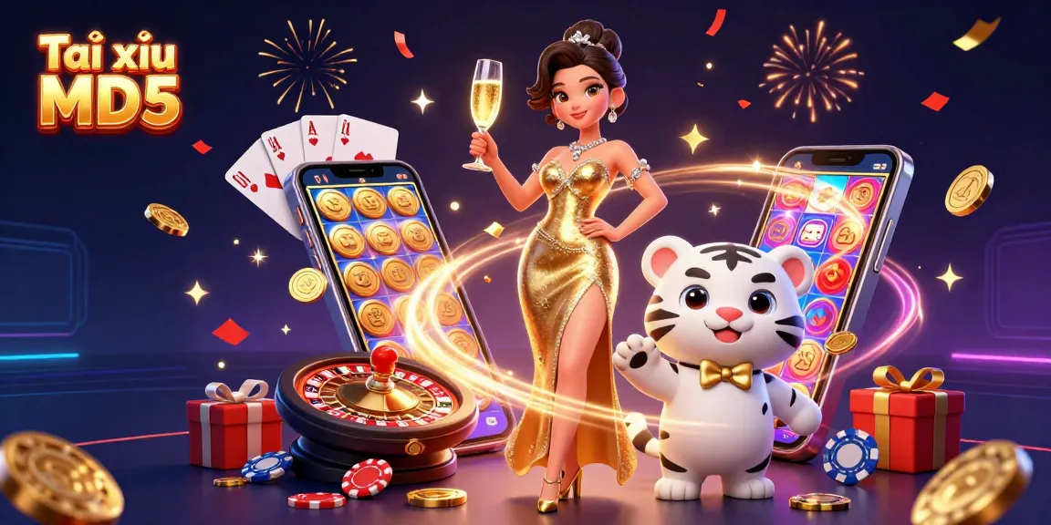 Tài xỉu MD5 illustration featuring a glamorous woman and a lucky tiger with casino elements.