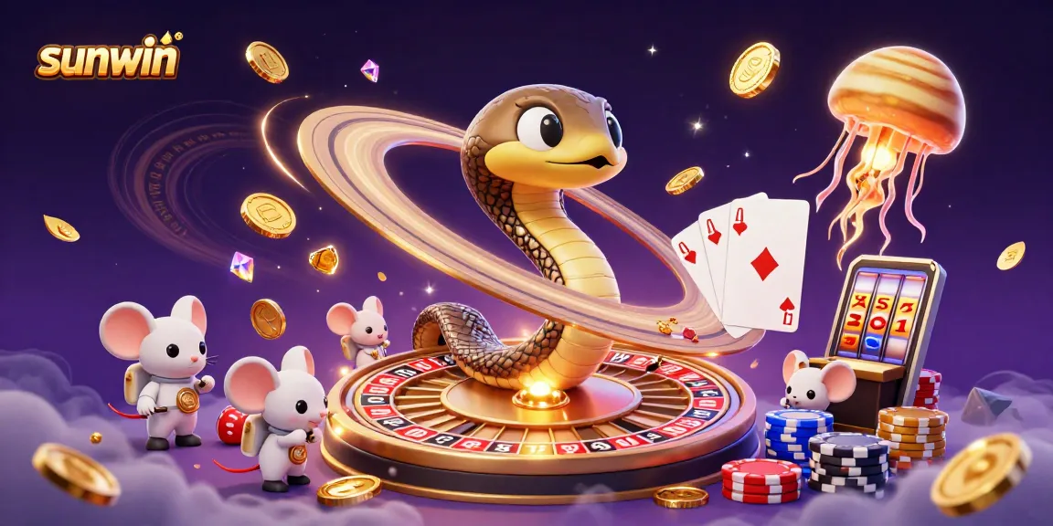 Bet on thrilling action at Sunwin with playful astronaut mice and a cosmic dealer in a vibrant casino scene.