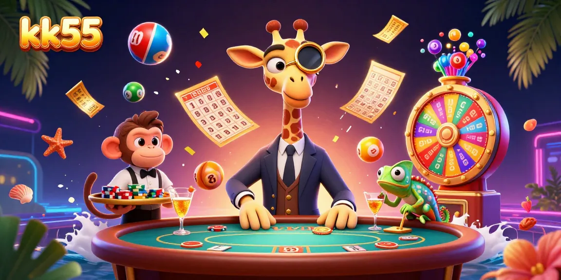 Experience the excitement of kk55 with high-roller giraffes and lively casino elements in a vibrant scene.