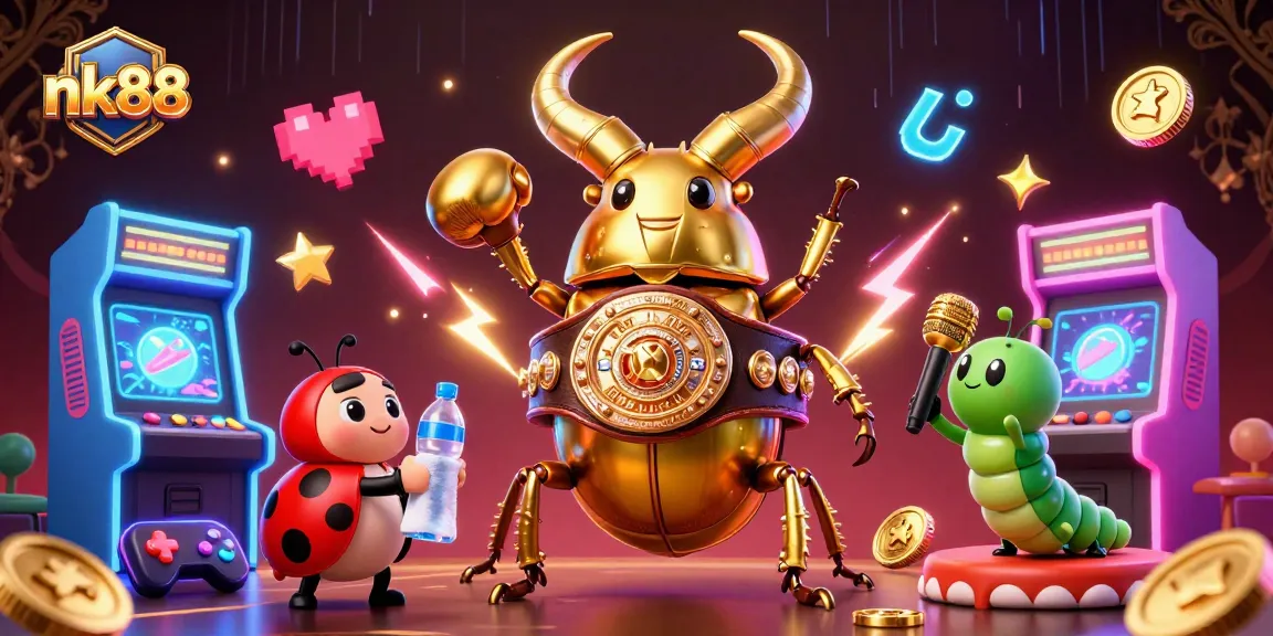 Experience exciting gameplay at nk88 with a golden stag beetle boxing champion facing off in a vibrant casino scene.