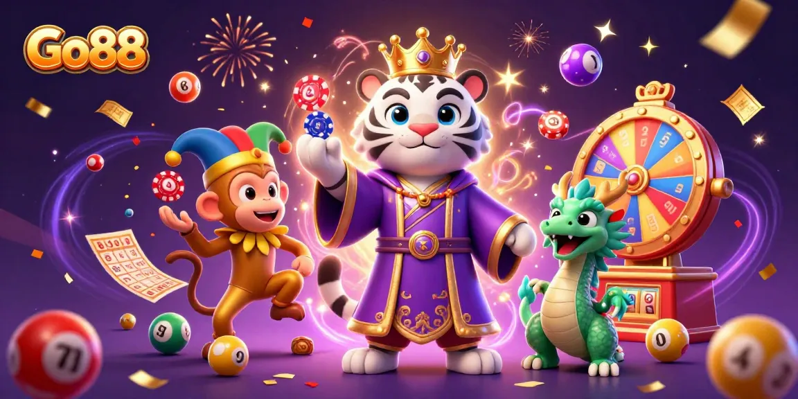 Experience the excitement of Go88 with colorful lottery balls and animated characters in a dynamic casino-themed scene.
