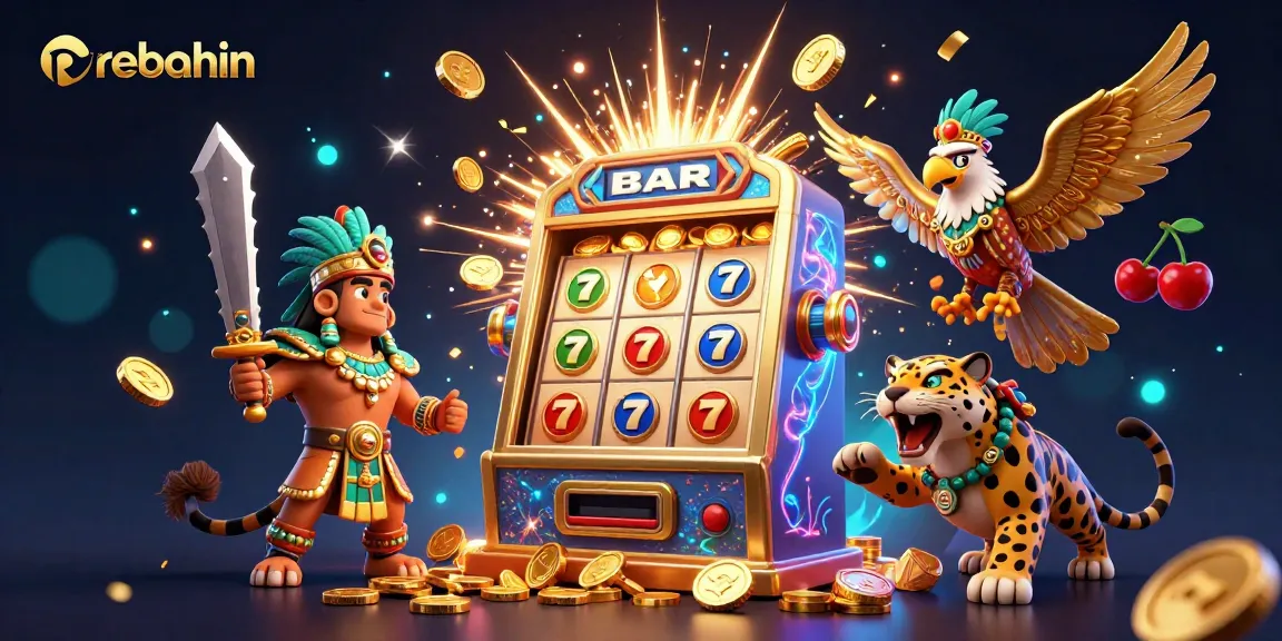 Engage with rebahin's vibrant slot machine explosion filled with coins, games, and colorful characters.