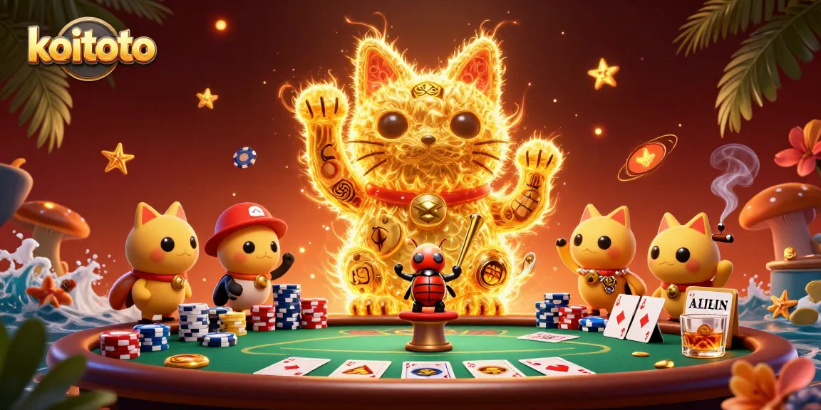 Koitoto offers a unique gambling experience with a golden lucky cat surrounded by poker elements.