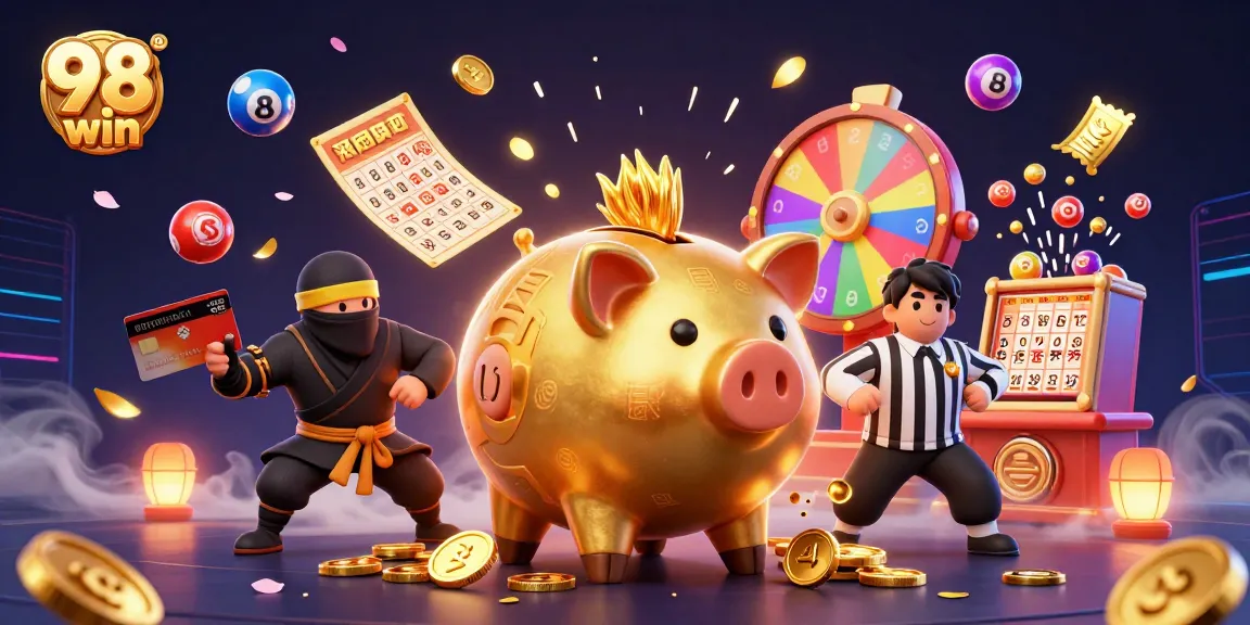 Engage with 98 win's vibrant gaming scene featuring a golden piggy bank wrestler, bouncing lottery balls, and more.