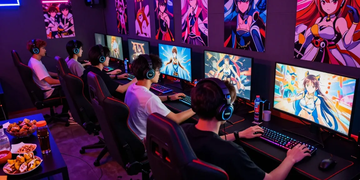 Friends playing exciting hentai games in a vibrant gaming lounge.