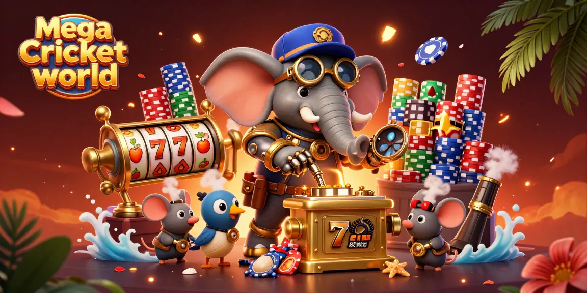 Mega Cricket World showcases a dynamic casino scene with a steampunk elephant engineer spinning slots and colorful poker chips.